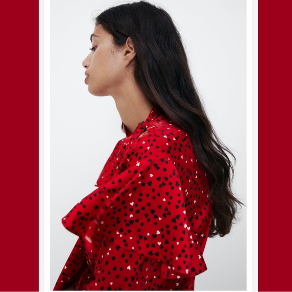 Zara red satin heart patterned tiered pussybow blouse - Picture 13 of 14